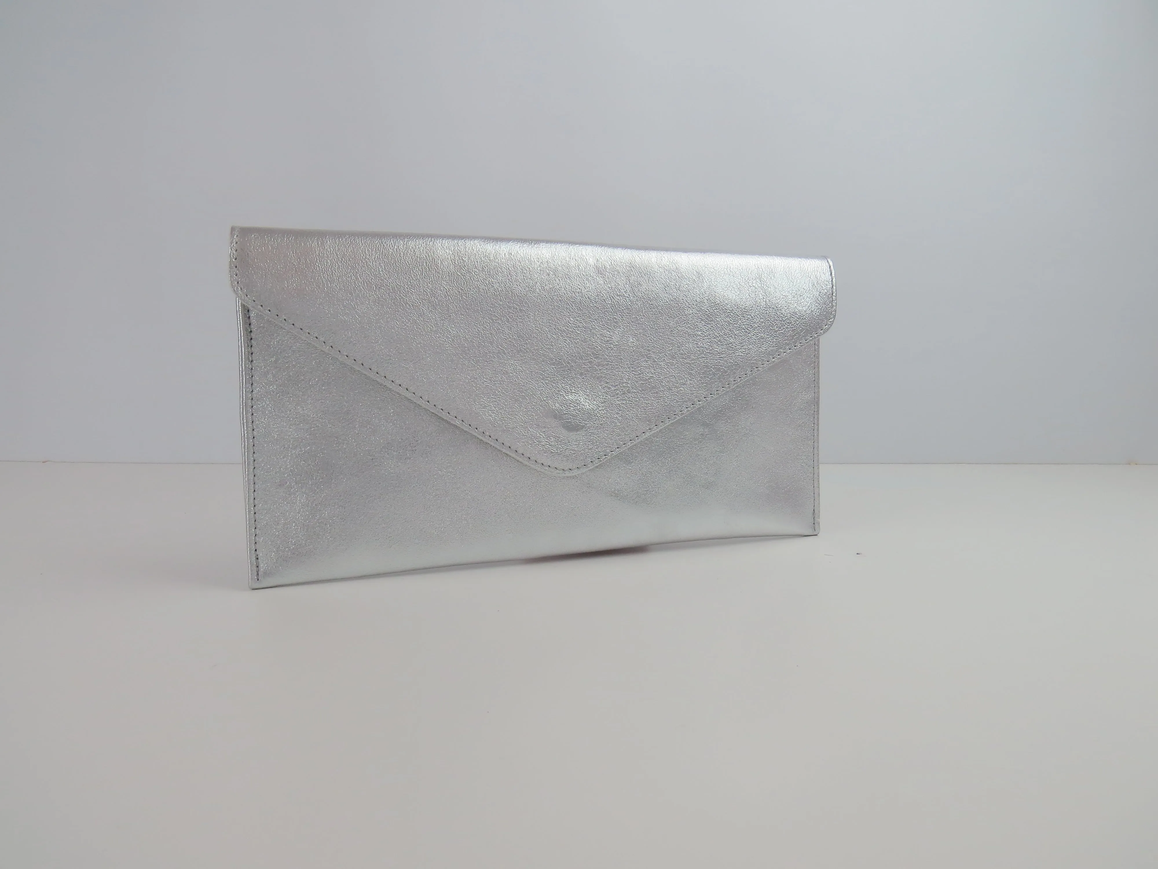 Metallic Silver Leather Envelope Clutch Bag