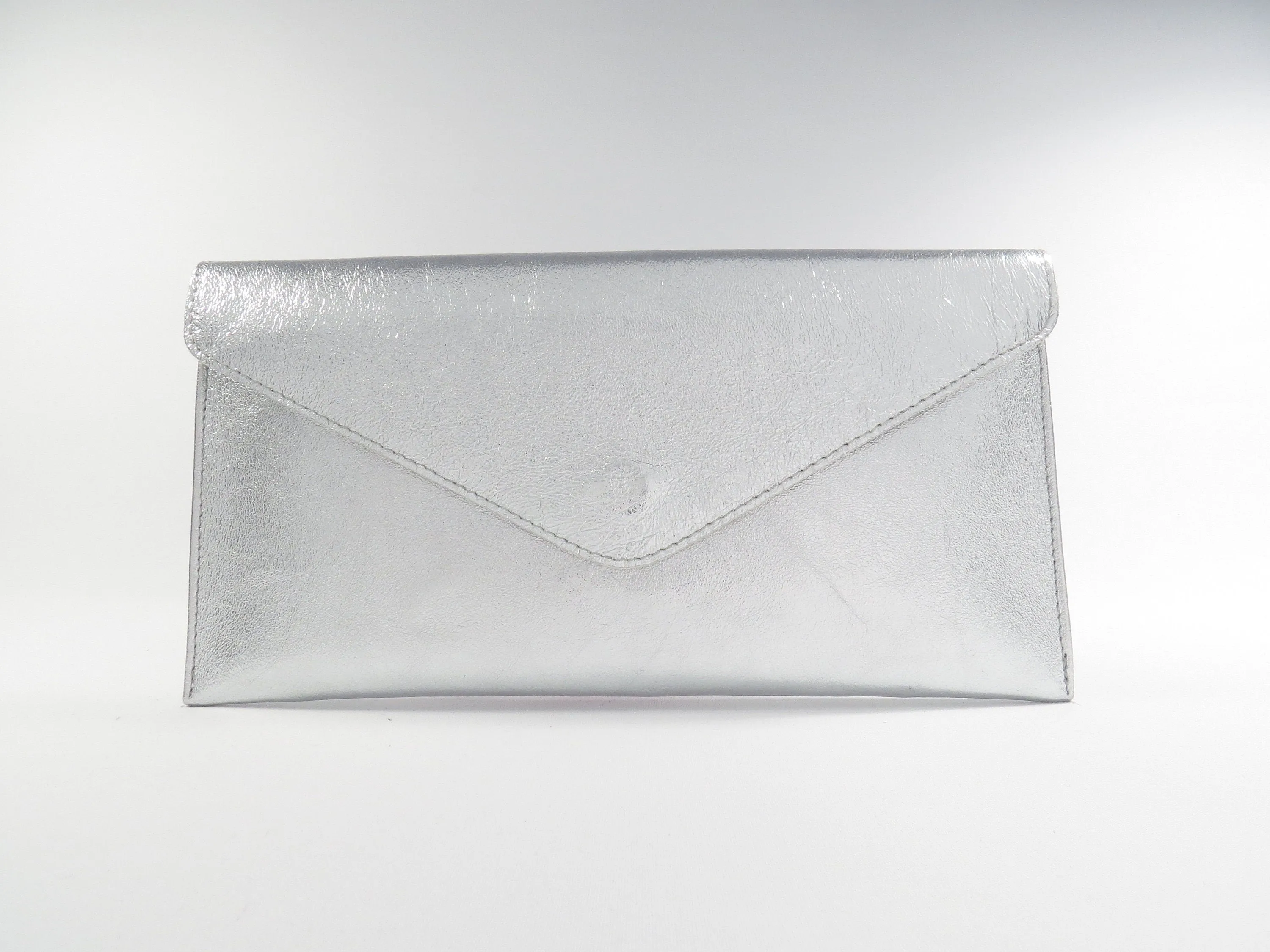 Metallic Silver Leather Envelope Clutch Bag