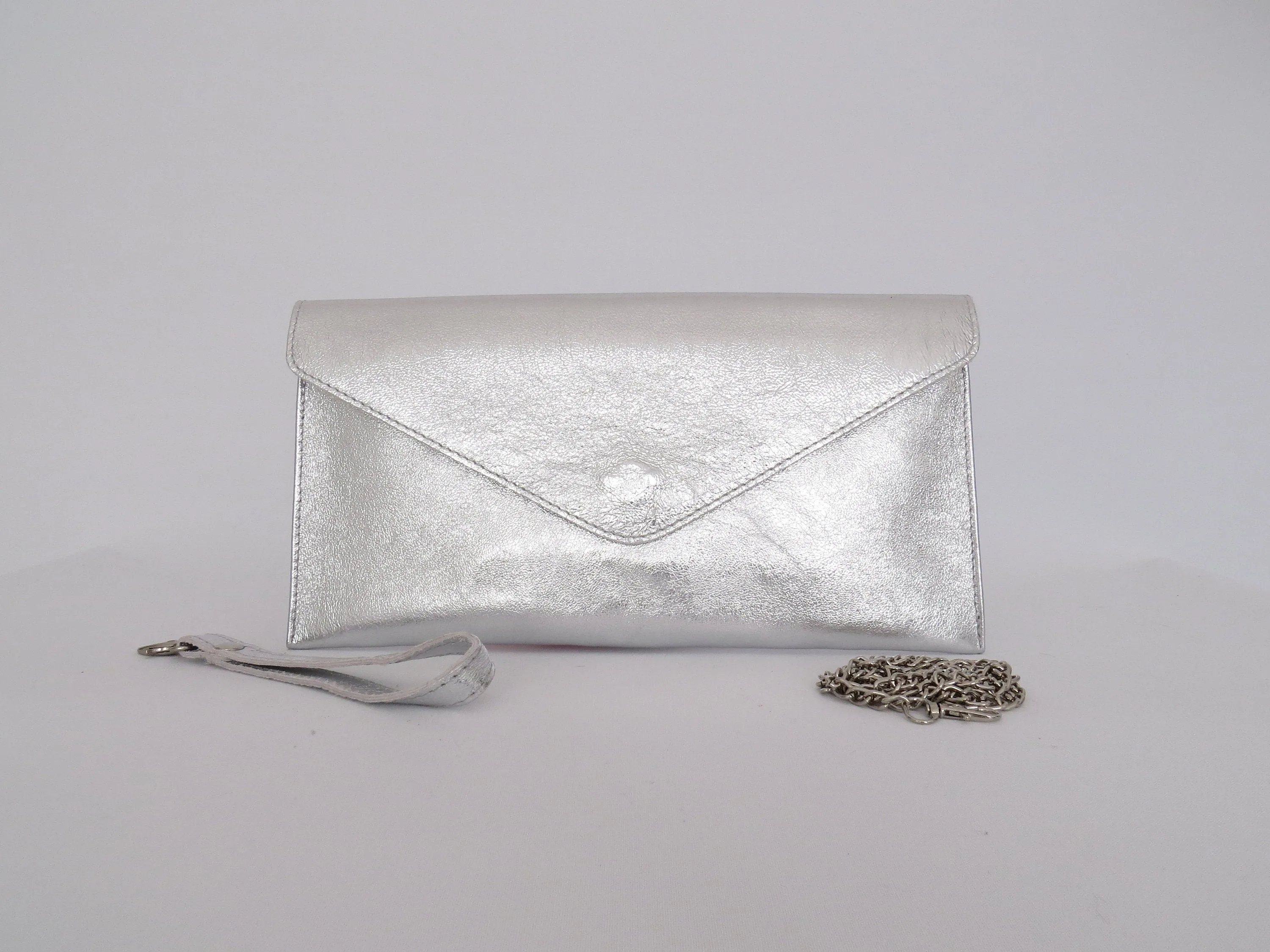 Metallic Silver Leather Envelope Clutch Bag