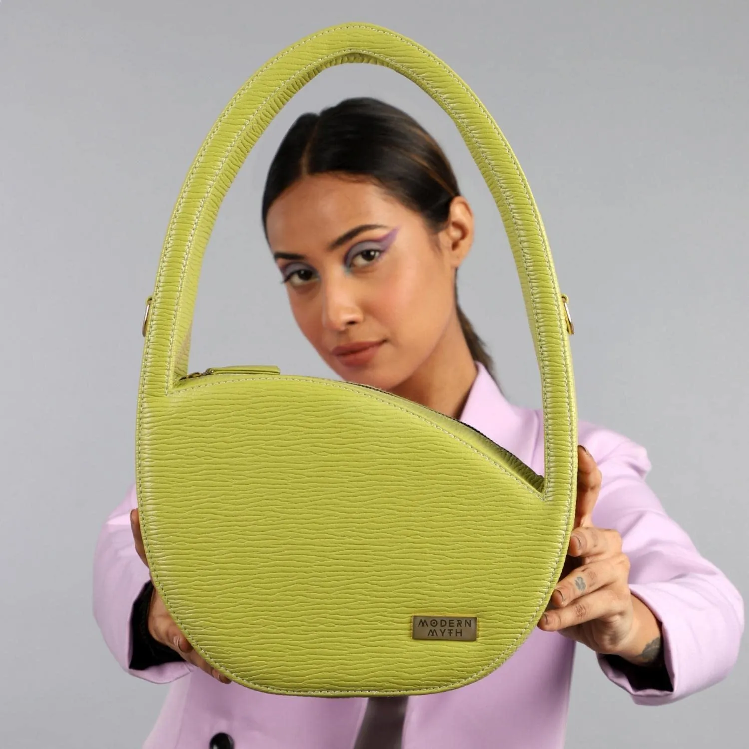 Modern Myth LUNA Lime Green Ribbed Oval Shaped Handbag for Girls & Women