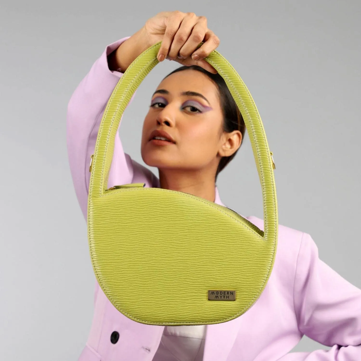 Modern Myth LUNA Lime Green Ribbed Oval Shaped Handbag for Girls & Women