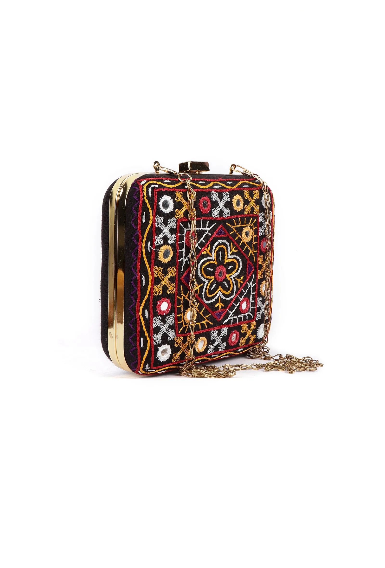 Nur Orange & Multi Kutch Embroidered Square Box Clutch