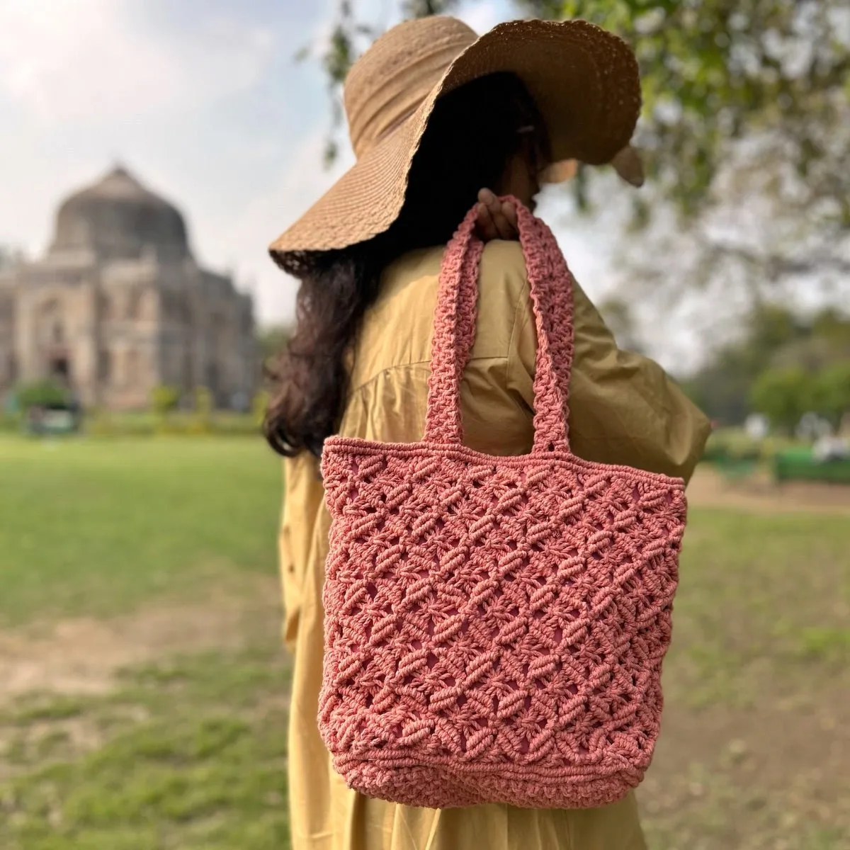 Peach Macrame Tote Bag