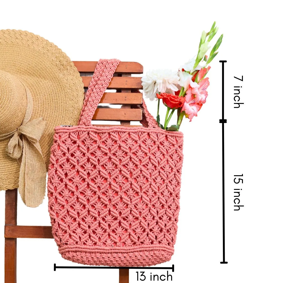 Peach Macrame Tote Bag