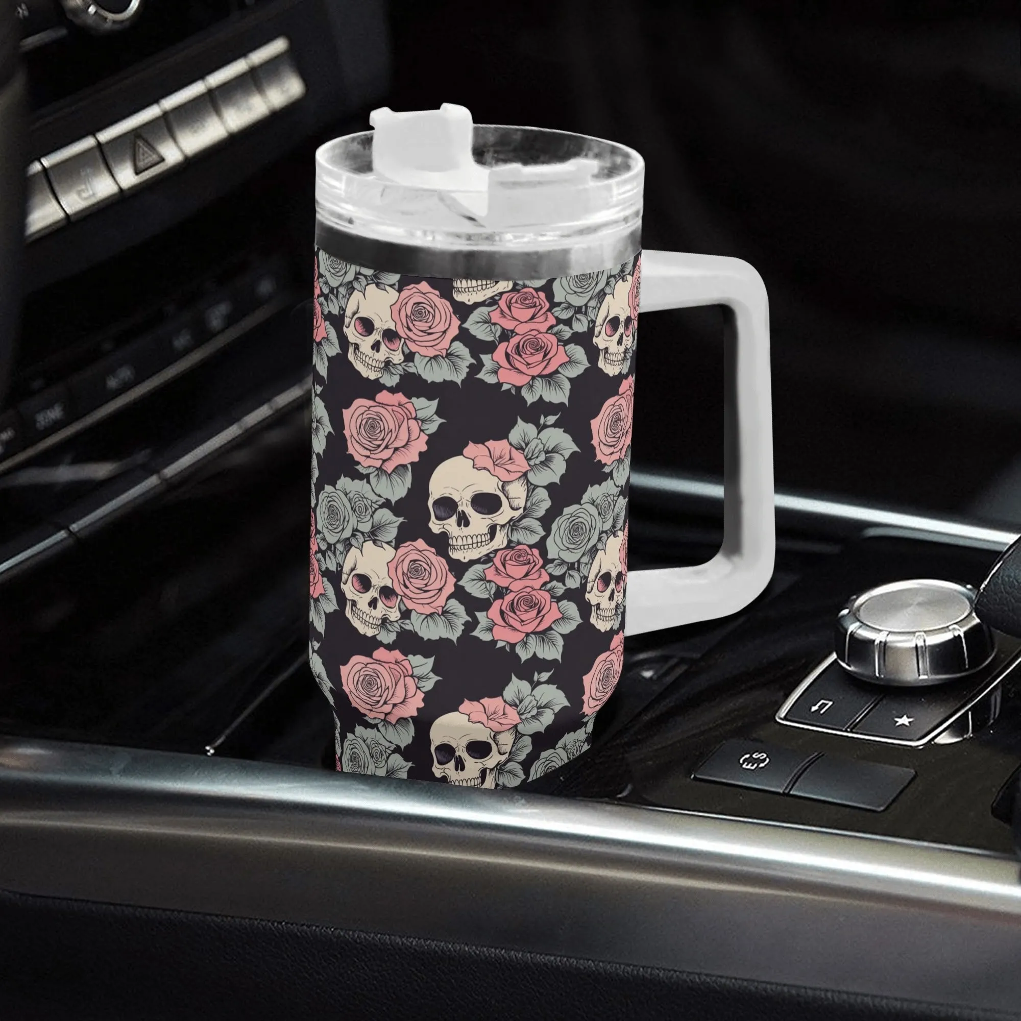 Skull and Pink Rose 40oz Stainless Steel Tumbler Gift With White Handle and Straw