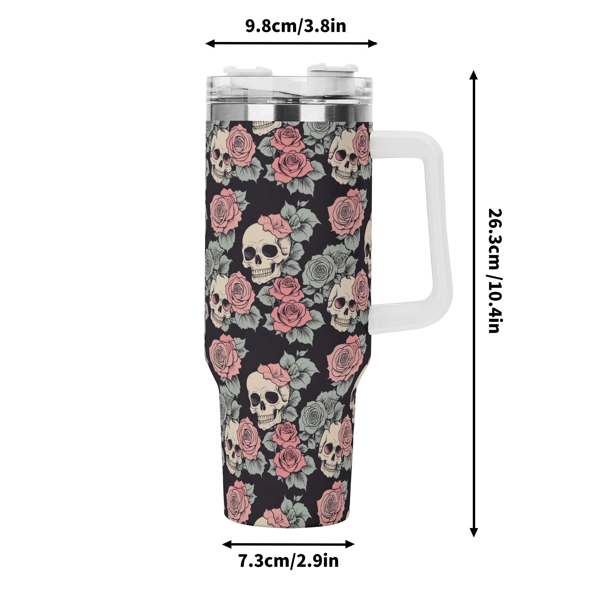 Skull and Pink Rose 40oz Stainless Steel Tumbler Gift With White Handle and Straw