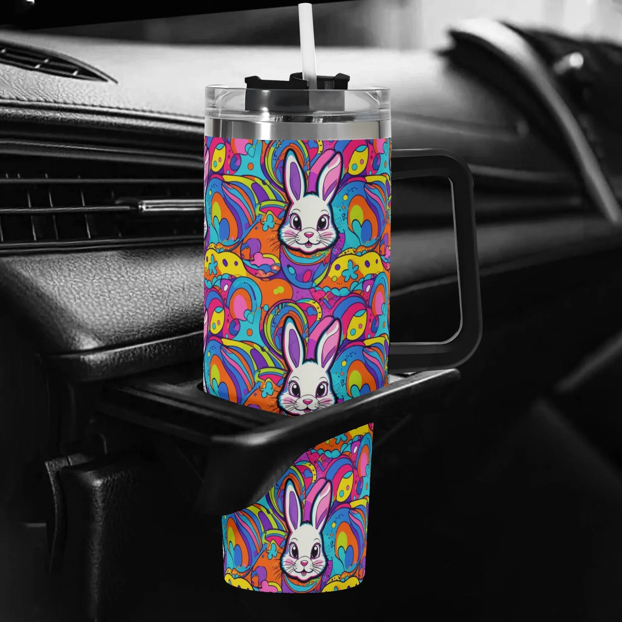 Trippy Bunny 40oz Stainless Steel Tumbler Gift With Black Handle and Straw