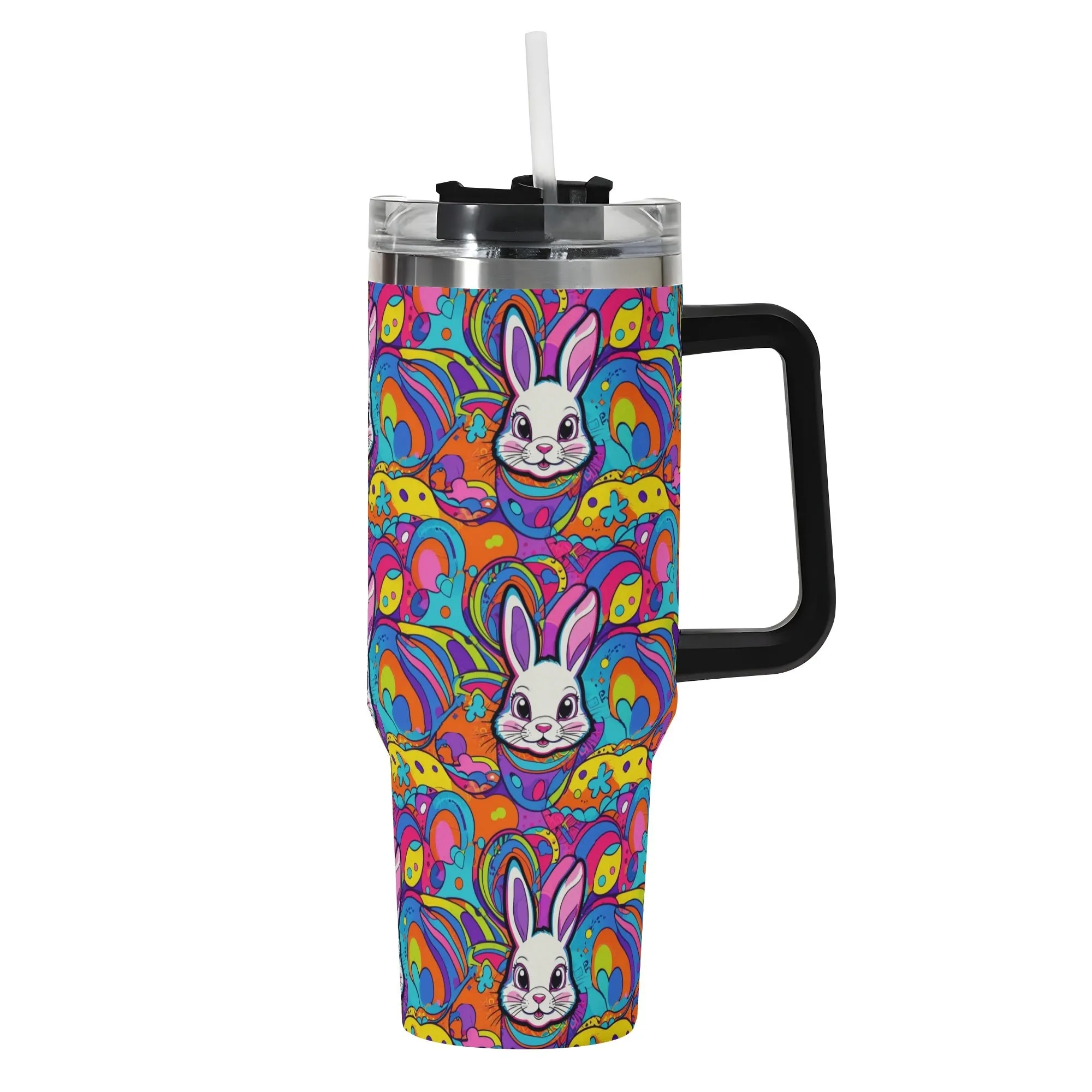 Trippy Bunny 40oz Stainless Steel Tumbler Gift With Black Handle and Straw