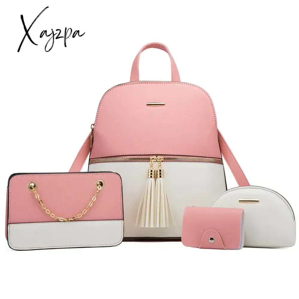 Xajzpa Women's Fashion Bags 3 Pcs Set Zipper Bag Ladies Color Contrast Backpacks for Women Brand Composite Bags