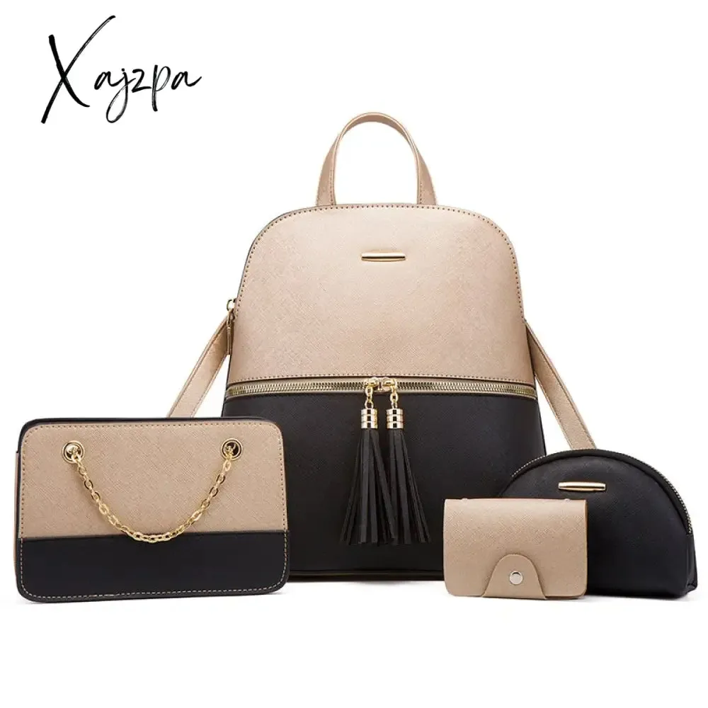 Xajzpa Women's Fashion Bags 3 Pcs Set Zipper Bag Ladies Color Contrast Backpacks for Women Brand Composite Bags