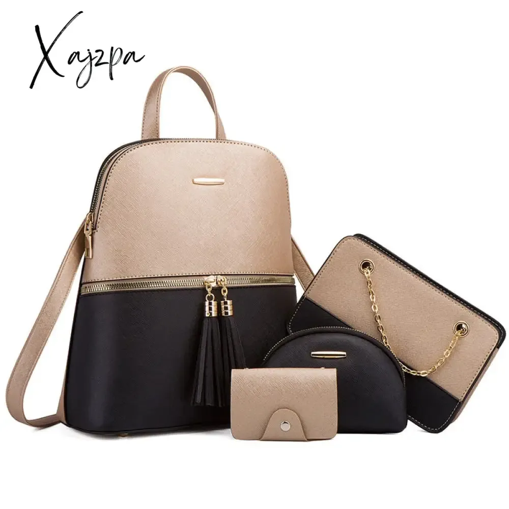 Xajzpa Women's Fashion Bags 3 Pcs Set Zipper Bag Ladies Color Contrast Backpacks for Women Brand Composite Bags