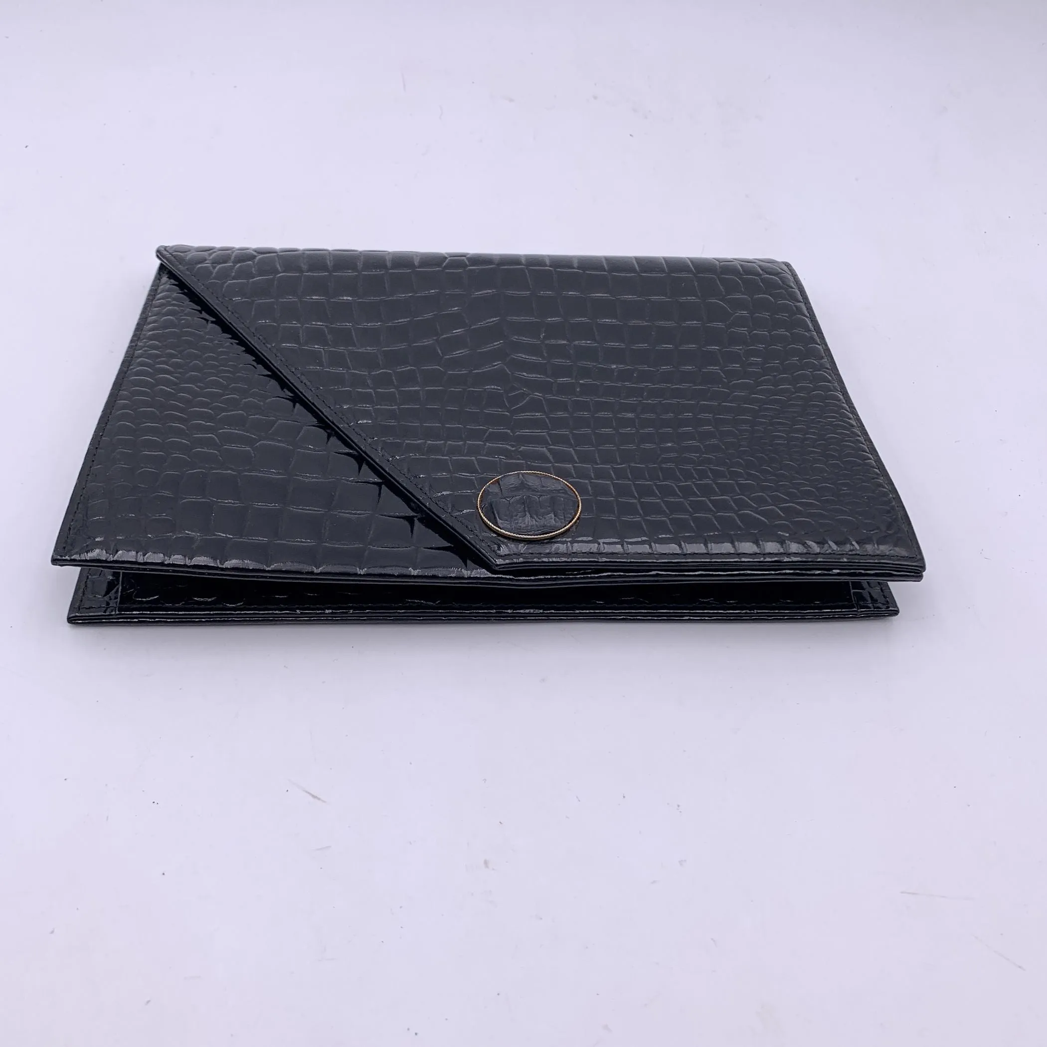 Yves Saint Laurent Vintage Black Embossed Asymmetric Clutch Bag